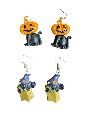 Orange Black Pumpkin Cat and Purple Witch Hat Earrings - Cats in Costume Bundle